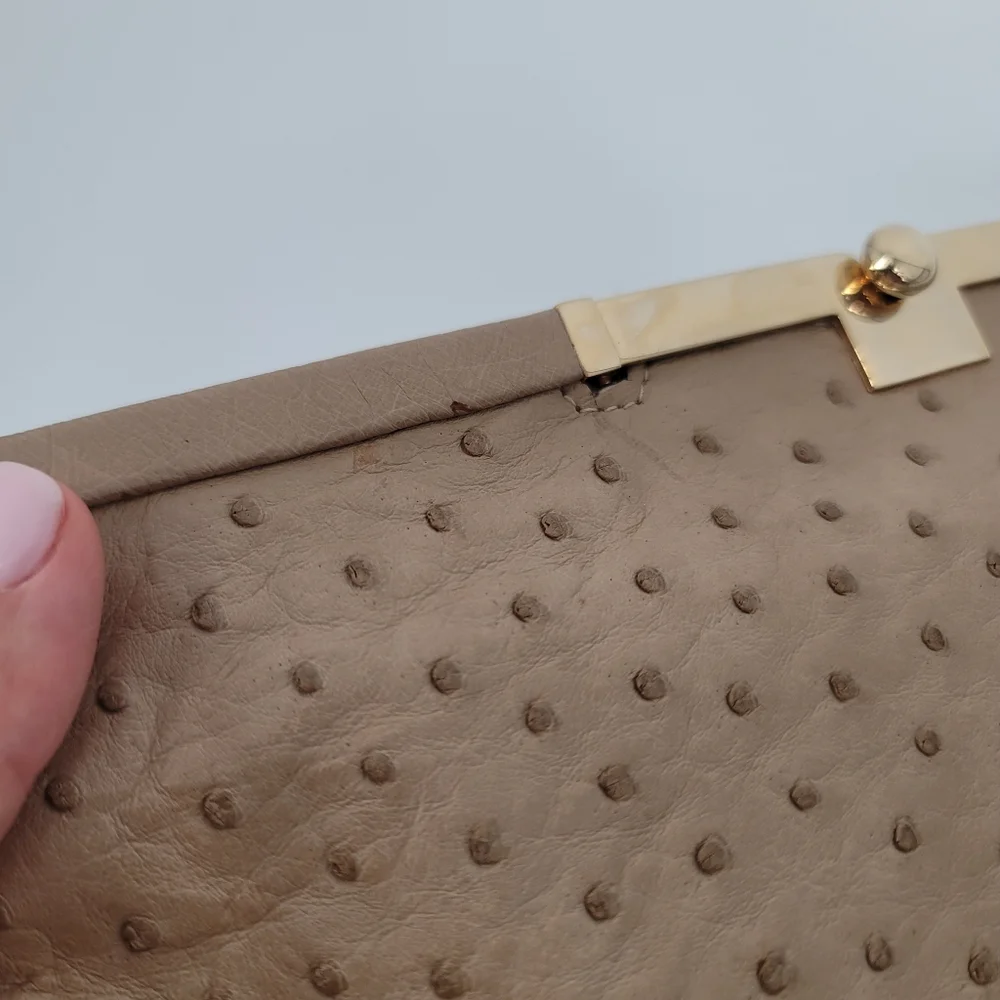 ALIEL Beige Ostrich Leather Flat Clutch Handbag NEW Made in Italy Gold